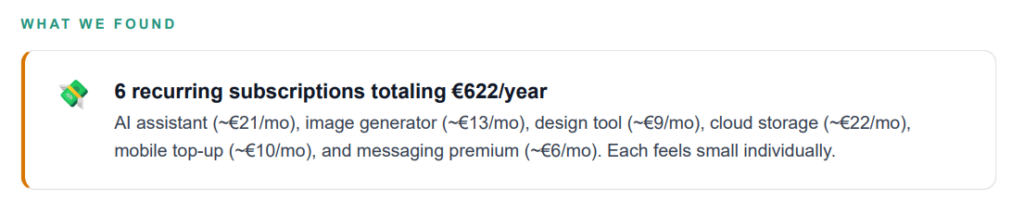 Statements Analyzer report showing 6 recurring subscriptions totaling 622 euros per year