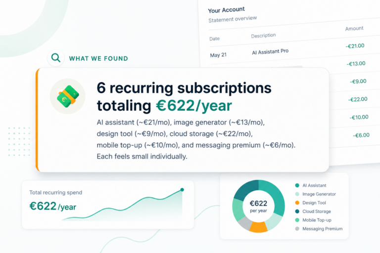 Statements Analyzer report showing 6 recurring subscriptions totaling 622 euros per year