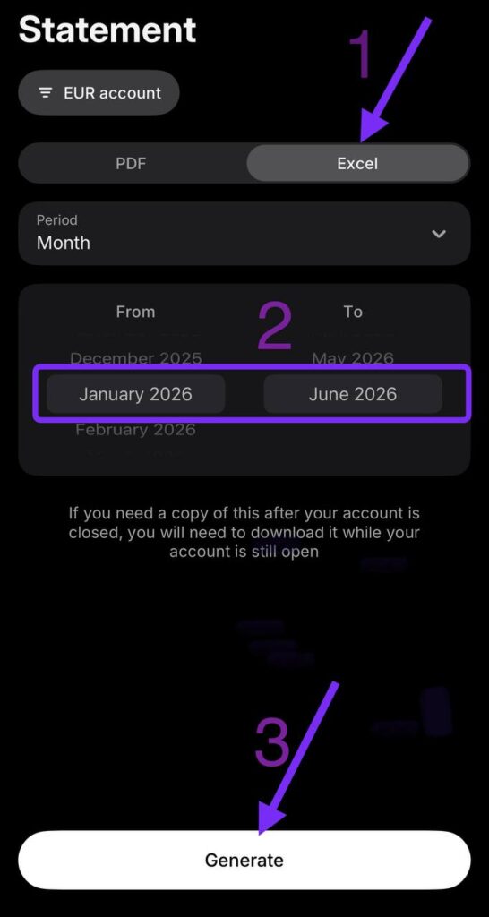 Revolut: choose Excel, set period, tap Generate