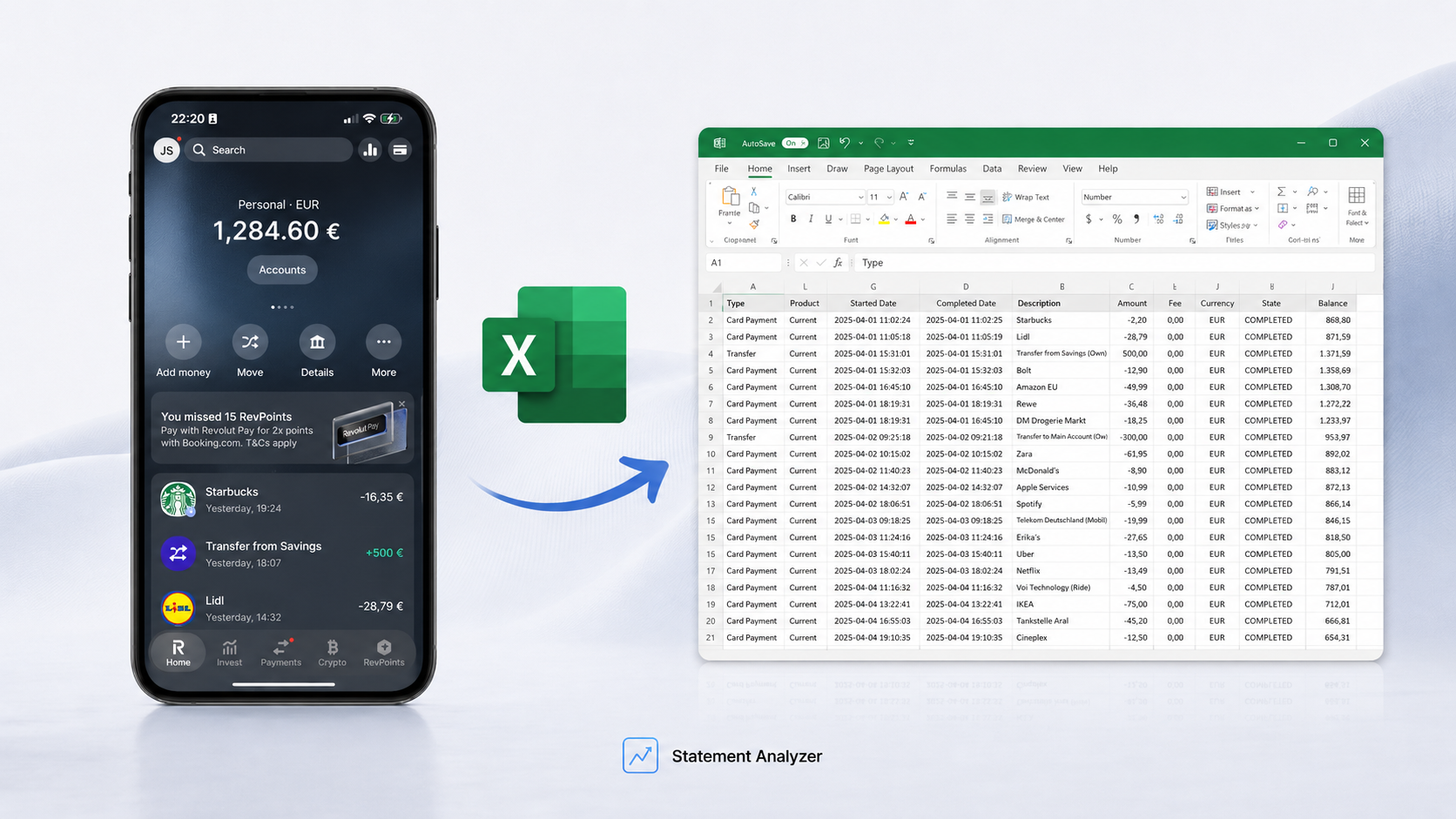 A Revolut account screen and an exported Excel statement