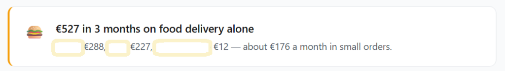 Statement report showing 527 euros spent on food delivery over three months